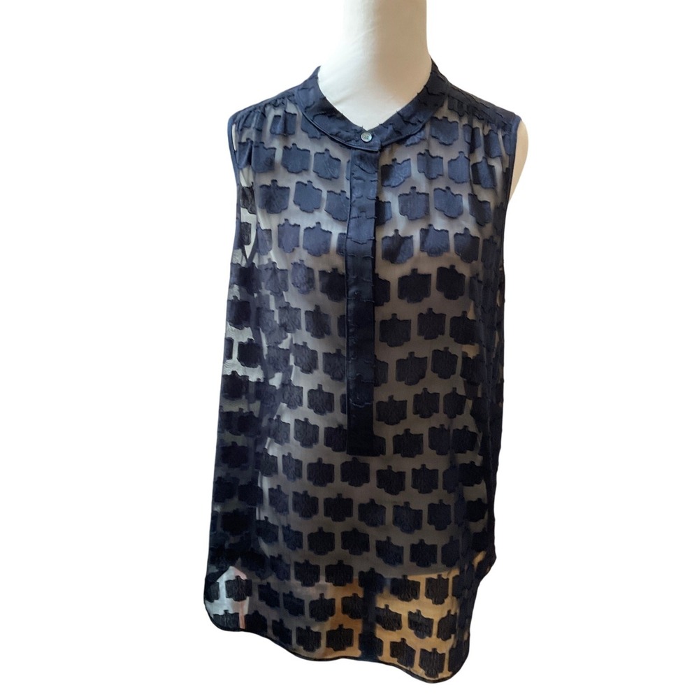 J.Crew Navy Blue Burnout Jacquard Sleeveless Blouse Sheer Band Collar Top Size 6